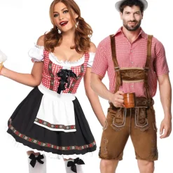Couples Oktoberfest Beer Costume Dirndl Dress Trachtenkleider Lederhosen Maid Oktoberfest Couple German Munich Wiesn Carnival Men's Women's Traditional Style Cloth