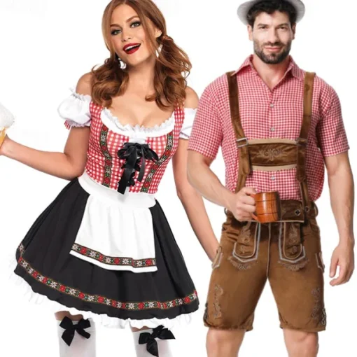 Couples Oktoberfest Beer Costume Dirndl Dress Trachtenkleider Lederhosen Maid Oktoberfest Couple German Munich Wiesn Carnival Men's Women's Traditional Style Cloth