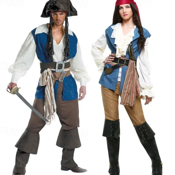 Couples Pirate Halloween Group Couples Costumes Men's Women's Movie Cosplay Cosplay Costumes Blue Vest Top Pants Halloween Carnival Masquerade