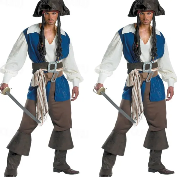 Couples Pirate Halloween Group Couples Costumes Men's Women's Movie Cosplay Cosplay Costumes Blue Vest Top Pants Halloween Carnival Masquerade