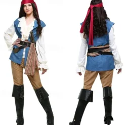 Couples Pirate Halloween Group Couples Costumes Men's Women's Movie Cosplay Cosplay Costumes Blue Vest Top Pants Halloween Carnival Masquerade