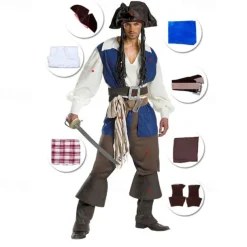 Couples Pirate Halloween Group Couples Costumes Men's Women's Movie Cosplay Cosplay Costumes Blue Vest Top Pants Halloween Carnival Masquerade