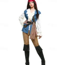 Couples Pirate Halloween Group Couples Costumes Men's Women's Movie Cosplay Cosplay Costumes Blue Vest Top Pants Halloween Carnival Masquerade