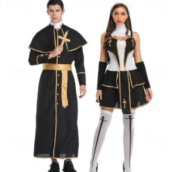 Couples Priest Nun Cosplay Costume Outfits Couples' Costumes Adults' Unisex Cosplay Costume Party Carnival Masquerade Easy Halloween Costumes