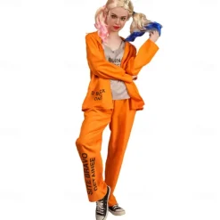 Couples Prisoner Harley Quinn Halloween Group Couples Costumes Men's Women's Movie Cosplay Cosplay Costumes Orange Top Pants Halloween Carnival Masquerade