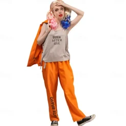 Couples Prisoner Harley Quinn Halloween Group Couples Costumes Men's Women's Movie Cosplay Cosplay Costumes Orange Top Pants Halloween Carnival Masquerade