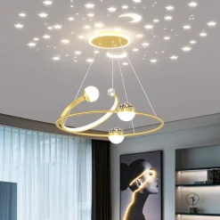 Creative LED Chandelier, Dimmable 48W Pedant Light with Remote Control, Acrylic Shade with Star Projection Pendant Light Fixtures, Pendant Lighting for Kitchen Dining Room Living Room