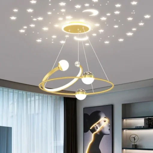 Creative LED Chandelier, Dimmable 48W Pedant Light with Remote Control, Acrylic Shade with Star Projection Pendant Light Fixtures, Pendant Lighting for Kitchen Dining Room Living Room