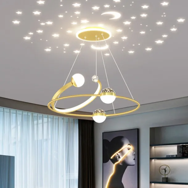 Creative LED Chandelier, Dimmable 48W Pedant Light with Remote Control, Acrylic Shade with Star Projection Pendant Light Fixtures, Pendant Lighting for Kitchen Dining Room Living Room