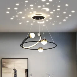 Creative LED Chandelier, Dimmable 48W Pedant Light with Remote Control, Acrylic Shade with Star Projection Pendant Light Fixtures, Pendant Lighting for Kitchen Dining Room Living Room