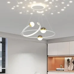Creative LED Chandelier, Dimmable 48W Pedant Light with Remote Control, Acrylic Shade with Star Projection Pendant Light Fixtures, Pendant Lighting for Kitchen Dining Room Living Room