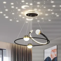 Creative LED Chandelier, Dimmable 48W Pedant Light with Remote Control, Acrylic Shade with Star Projection Pendant Light Fixtures, Pendant Lighting for Kitchen Dining Room Living Room