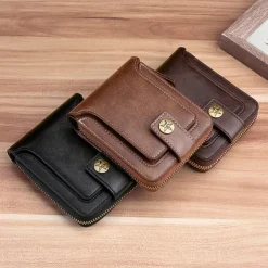 Credit Card Holder Wallet Men's PU Leather Solid Color Business Wallet Card Holder With Zipper & Button Valentine's Day Gift