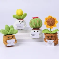 Crochet Positive Cactus Handmade Knitted Cactus Toy Cute Funny Potato Emotional Positive Life Doll Ornaments Gifts with Encouraging Card for Adults Kids Friends Room Office Desktop Decor