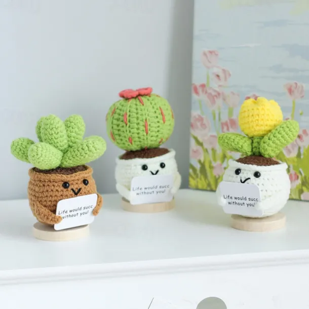 Crochet Positive Cactus Handmade Knitted Cactus Toy Cute Funny Potato Emotional Positive Life Doll Ornaments Gifts with Encouraging Card for Adults Kids Friends Room Office Desktop Decor