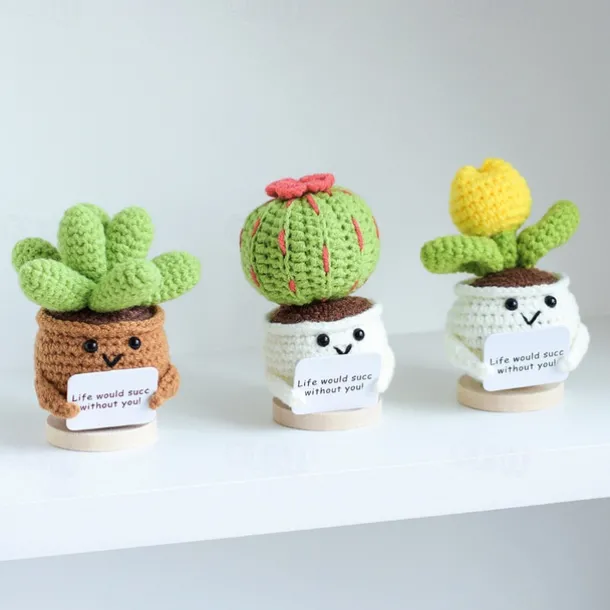 Crochet Positive Cactus Handmade Knitted Cactus Toy Cute Funny Potato Emotional Positive Life Doll Ornaments Gifts with Encouraging Card for Adults Kids Friends Room Office Desktop Decor