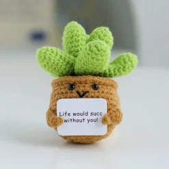 Crochet Positive Cactus Handmade Knitted Cactus Toy Cute Funny Potato Emotional Positive Life Doll Ornaments Gifts with Encouraging Card for Adults Kids Friends Room Office Desktop Decor
