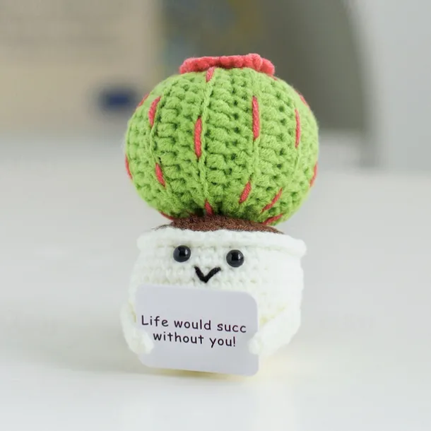 Crochet Positive Cactus Handmade Knitted Cactus Toy Cute Funny Potato Emotional Positive Life Doll Ornaments Gifts with Encouraging Card for Adults Kids Friends Room Office Desktop Decor
