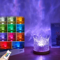 Crown Rotating Water Ripple Nightlight Ocean Wave Projector Lamp Creative Bedside Flame Ambiance Light Romantic Gift Starry Projection Light for Bedrooms, Meditation and Stress Relief