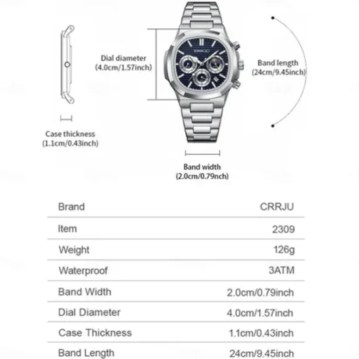 CRRJU Casual Sporty Brand Stainless Steel Band Wristwatches for Men New Chronograph Quartz Watches with Date 2309