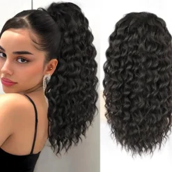 Curly Ponytail Extension Drawstring Ponytail for Black Women Natural Black Curly Clip in Hair Extensions 18 Inch Ponytail Extension Synthetic Hairpiece for Daily Party