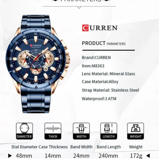 CURREN Men Quartz Watch Outdoor Fashion Casual Wristwatch Luminous Calendar Waterproof Decoration Steel Watch
