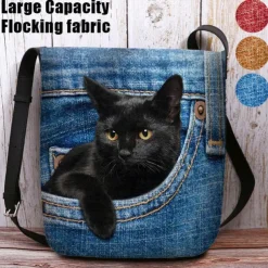 Cute Black Cat Denim Print Crossbody Bag – Casual Women's Shoulder Bag with Adjustable Strap