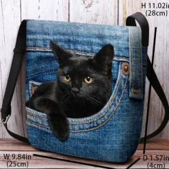 Cute Black Cat Denim Print Crossbody Bag – Casual Women's Shoulder Bag with Adjustable Strap