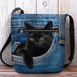 Cute Black Cat Denim Print Crossbody Bag – Casual Women's Shoulder Bag with Adjustable Strap