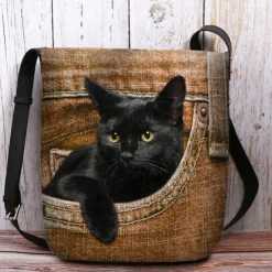 Cute Black Cat Denim Print Crossbody Bag – Casual Women's Shoulder Bag with Adjustable Strap