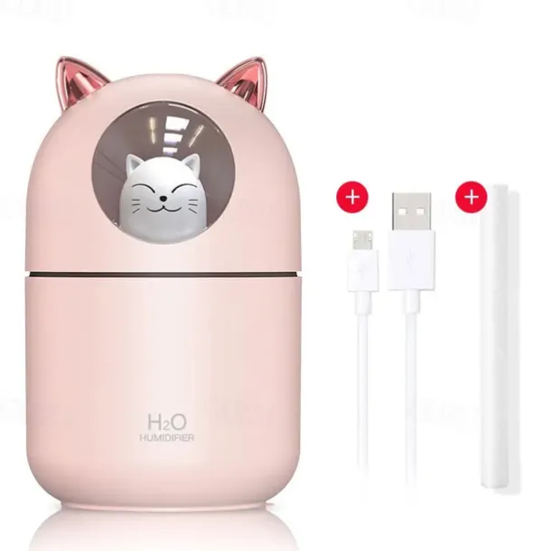 Cute Cat USB Mini Fragrance Humidifier Household Suitable Cool Mist with Adjustable Mist Mode 300ml Water Tank Waterless Auto Shut-off for Bedroom Home Office
