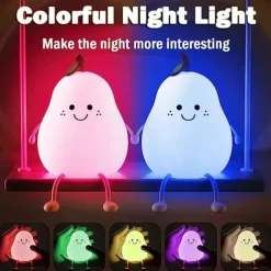 Cute Sleeping Silicone Night Light Gift Bedroom Sleeping Bedside Tap Light LED Pear Shape Night Light 5V USB Rechargeable Dimmable Touch Silicone RGB Desk Lamp Bedroom Decoration Kids Gift Baby Light