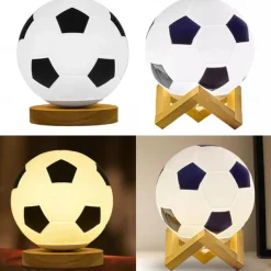3D Football Night Light Euro Cup Solid Wood Base Small Table Lamp Night Light for Study Home Kids Gift Decorations