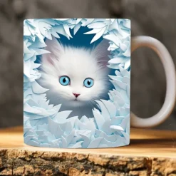 3D Kittens Hole In A Wall Mug, 3D White Cat Mug 3D Novelty Cat Mugs Cat Lovers Coffee Mug Cat Club Cup White Ceramic Mug Gifts For Men Women
