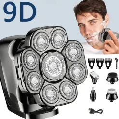 9D Men's Rechargeable Bald Head Electric Shaver 9 Floating Heads Beard Nose Ear 6 In 1 Hair Trimmer Razor Clipper