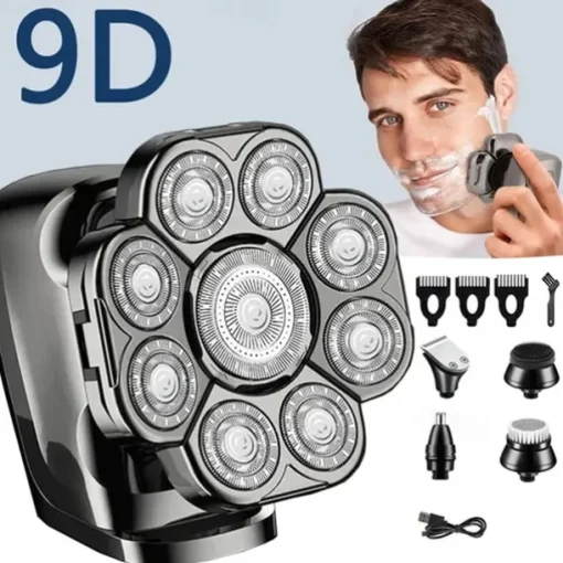 9D Men's Rechargeable Bald Head Electric Shaver 9 Floating Heads Beard Nose Ear 6 In 1 Hair Trimmer Razor Clipper
