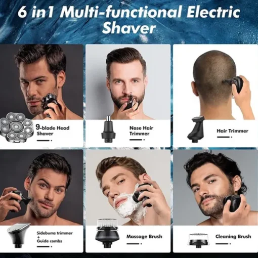 9D Men's Rechargeable Bald Head Electric Shaver 9 Floating Heads Beard Nose Ear 6 In 1 Hair Trimmer Razor Clipper