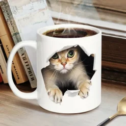 3D Print Kittens Hole In A Wall Mug, Ceramic Coffee Cat Mug 3D Novelty Cat Mugs Cat Lovers Coffee Mug Cat Club Cup White Ceramic Mug Gifts For Men Women
