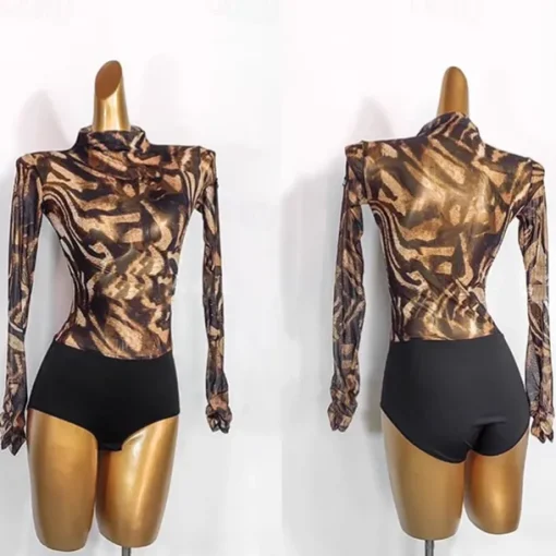 Dance Salsa Latin Dance Ballroom Dance Leotard / Onesie Pure Color Splicing Women's Performance Training Long Sleeve Mesh Spandex