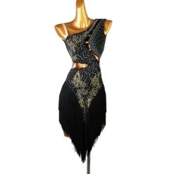 Dance Salsa Latin Dance Dress Fringed Tassel Split Joint Crystals / Competition Dress Rhinestones Women's Performance Sleeveless Chinlon