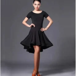 Dance Salsa Latin Dance Dress Pure Color Women's Performance Training Short Sleeve High POLY