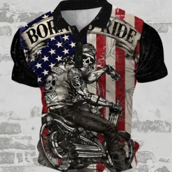 Day of the Dead Men's American Flag Patriotic Waffle Polo Shirts Golf Shirt Short Sleeve Polo Shirts Collared Shirts Streetwear Vacation Wear Party Outfits 3D Print Buttons Summer Spring Black