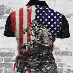 Day of the Dead Men's American Flag Patriotic Waffle Polo Shirts Golf Shirt Short Sleeve Polo Shirts Collared Shirts Streetwear Vacation Wear Party Outfits 3D Print Buttons Summer Spring Black