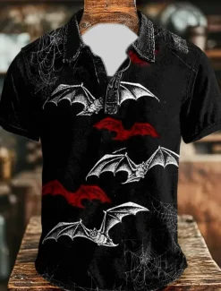 Day of the Dead Men's Bat Skulls Polo Short Sleeve Polo Shirts Collared Shirts Vintage Casual Dark Athleisure Daily Wear Festival Outfit Buttons Summer Black Dark Blue Gray