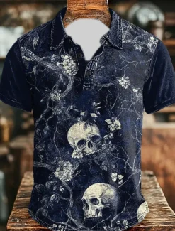 Day of the Dead Men's Bat Skulls Polo Short Sleeve Polo Shirts Collared Shirts Vintage Casual Dark Athleisure Daily Wear Festival Outfit Buttons Summer Black Dark Blue Gray