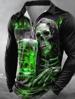 Day of the Dead Men's Oktoberfest Beer Skulls Zip Polo Shirts Long Sleeve Polo Shirts Lapel Casual Horror Dark Outdoor Festival Outfit 3D Print Spring Fall Winter Black Red Blue