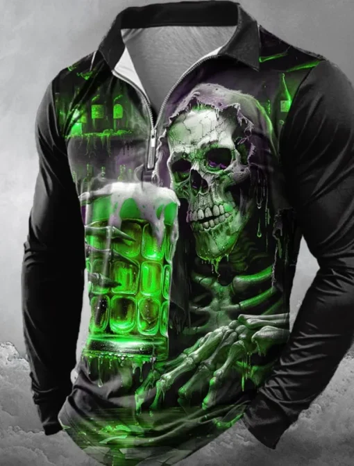Day of the Dead Men's Oktoberfest Beer Skulls Zip Polo Shirts Long Sleeve Polo Shirts Lapel Casual Horror Dark Outdoor Festival Outfit 3D Print Spring Fall Winter Black Red Blue