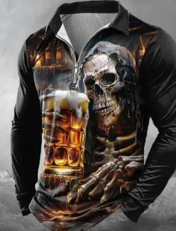 Day of the Dead Men's Oktoberfest Beer Skulls Zip Polo Shirts Long Sleeve Polo Shirts Lapel Casual Horror Dark Outdoor Festival Outfit 3D Print Spring Fall Winter Black Red Blue