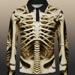 Day of the Dead Men's Polo Shirts Golf Shirt Long Sleeve Polo Shirts Collared Shirts Casual Horror Festival Wear Party Outfits 3D Print Buttons Fall & Winter Yellow Khaki Gray