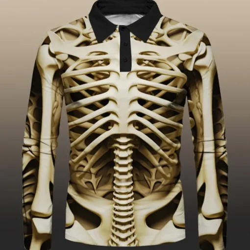 Day of the Dead Men's Polo Shirts Golf Shirt Long Sleeve Polo Shirts Collared Shirts Casual Horror Festival Wear Party Outfits 3D Print Buttons Fall & Winter Yellow Khaki Gray